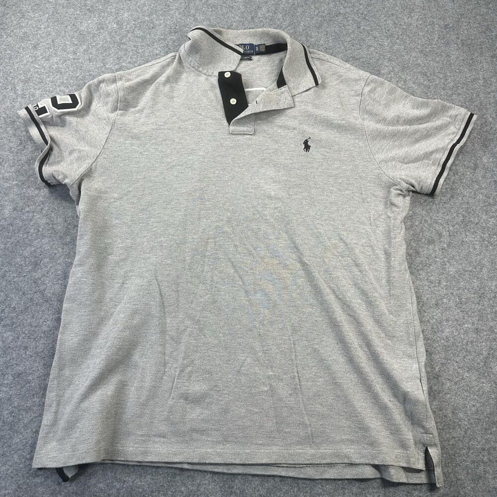 Polo Ralph Lauren Polo Shirt Mens XL Gray Custom Slim Fit Pony Logo Back 2 Patch